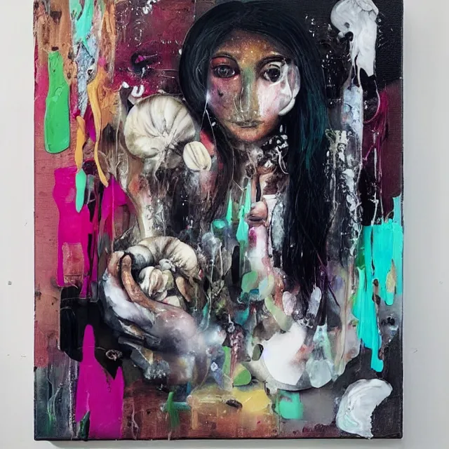 Prompt: “ a portrait in a female art student ’ s apartment, mushrooms, sensual, art supplies, a candle dripping white wax, berry juice drips, acrylic and spray paint and oilstick on canvas, surrealism, neoexpressionism ”