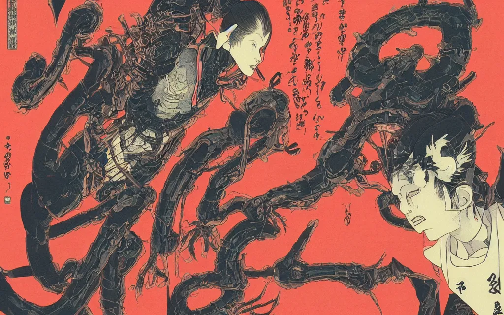 Image similar to digital cyber punk horror ukiyo-e painting, artstation