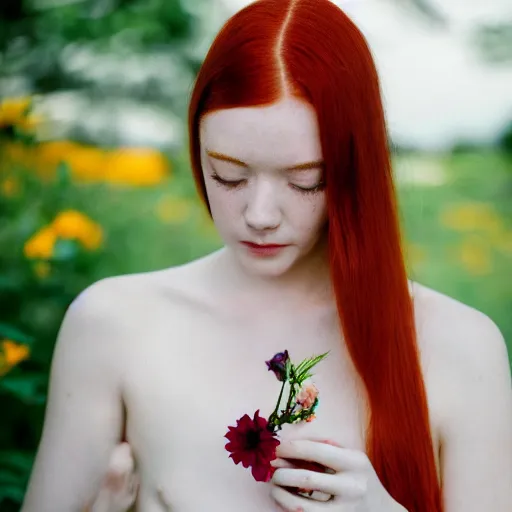 Prompt: Portrait of a young redhead lady with a flower, Canon EOS R3, f/1.4, ISO 200, 1/160s, 8K, RAW, unedited, symmetrical balance, in-frame