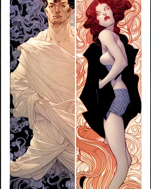 Image similar to a handsome man and a beautiful woman back to back artwork by james jean, Phil noto and rebecca guay