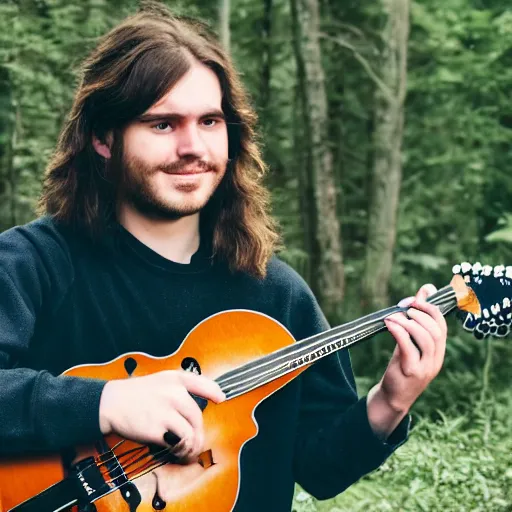 Image similar to a photo of a young man with long hair playing mandolin in the wilderness