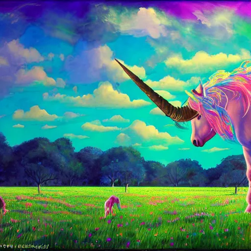 Prompt: a unicorn eating in a field of marijuana with a psychedelic sky, by kim jung gi, paul heaston, extremely wide angle shot, trending on art station, 4 k, vibrant lighting