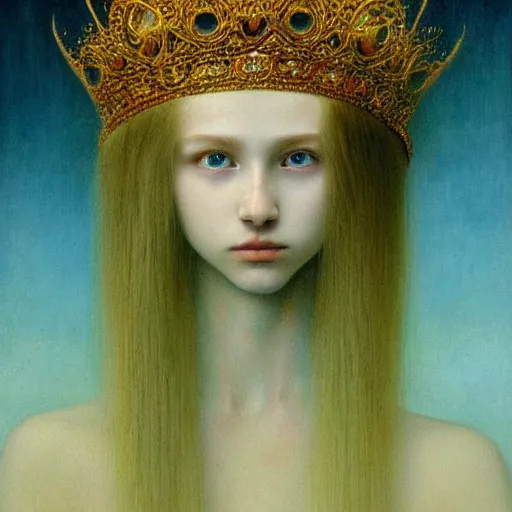 Image similar to young teen queen with long golden hairs in golden crown, very white pale, blue eyes, painting by Beksinski