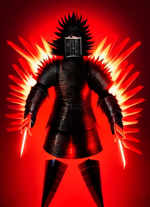 Prompt: a striking cinematic full body manga portrait of a long black haired masked male teenager wearing imposing red jagged spiked plate armour and glowing with raging powerful red energy by hirohiko araki and beeple, fine details, digital art, character concept art, volumetric lighting, cinematic light, photorealistic