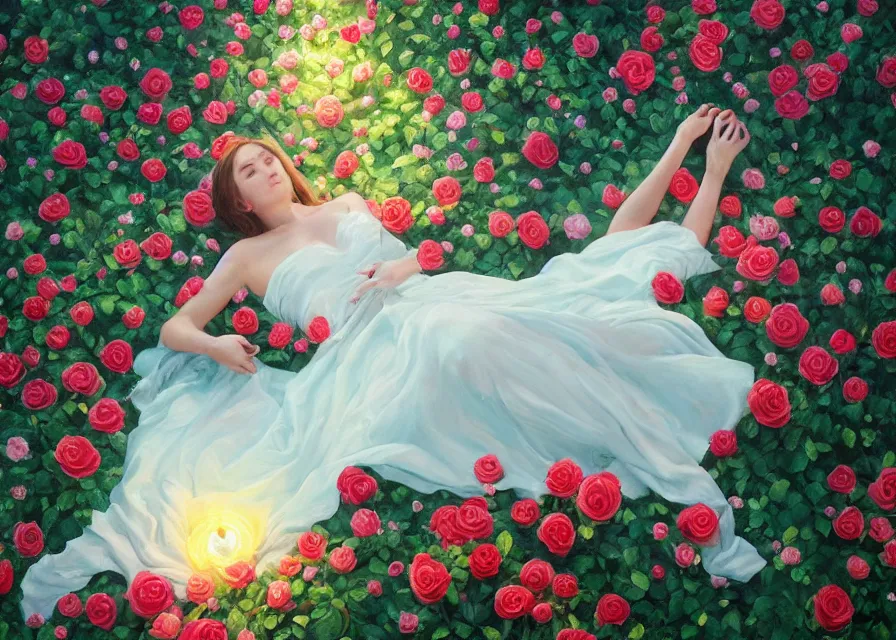 Image similar to painting of A woman laying in a sea of Roses and flora from super mario brothers, trending on ArtStation, masterpiece, by Greg Rutkowski, by Ross Tran, by Fenghua Zhong, octane, clear eyes, soft render, clear facial features, oil on canvas, moody lighting, cinematic, professional environment concept art