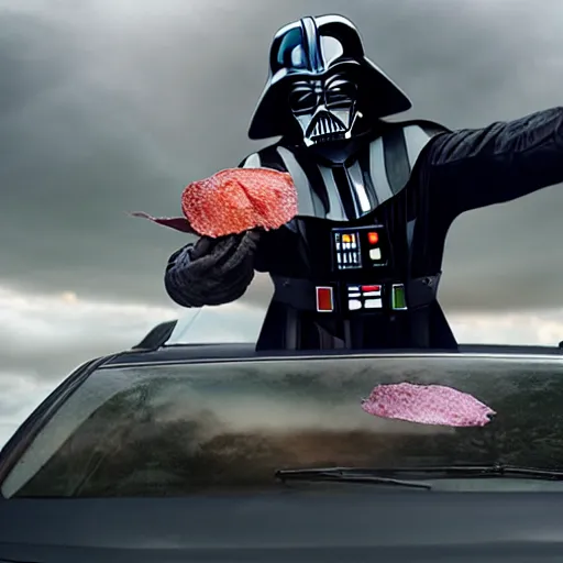 Image similar to darth vader throwing food on a car, throwing food on car windshield