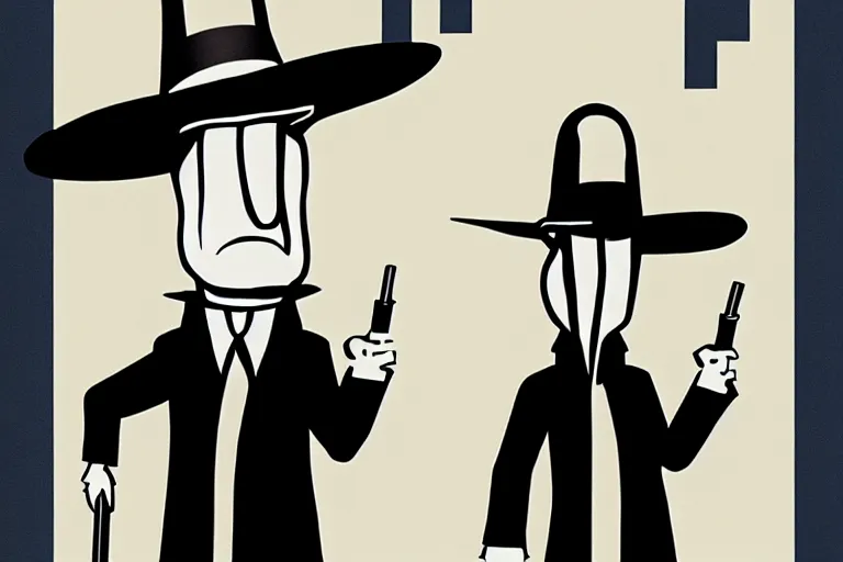Image similar to poster matte shaded illustration of donald trump and donald trump wearing trench coats and big floppy black spy hats carrying boxes, starring in spy vs spy