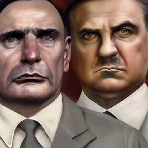 Image similar to hyperrealistic mixed media image of Jair bolsonaro and Adolph Hitler, stunning 3d render inspired art by István Sándorfi and Greg Rutkowski, perfect facial symmetry, realistic, highly detailed attributes and atmosphere, dim volumetric cinematic lighting, 8k octane extremely hyper-detailed render, post-processing, masterpiece,