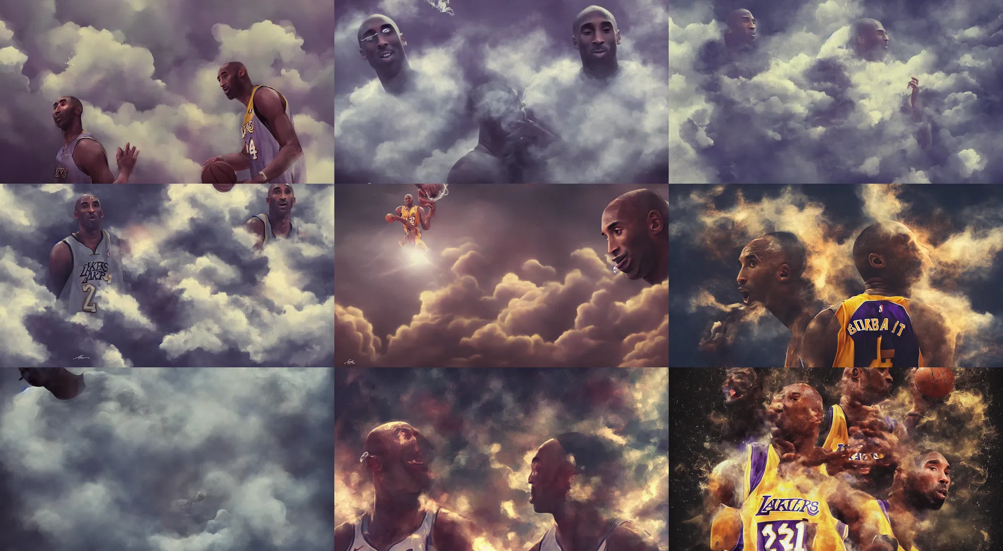 Prompt: 8 k | kobe bryant floating as the clouds, smoking a blunt | trending on artstation, beautiful godrays