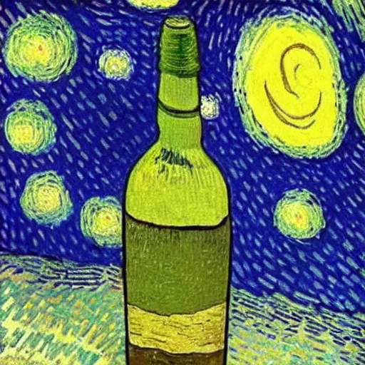 Image similar to a bottle on display filled by the sky painting by van gogh starry night, by van gogh