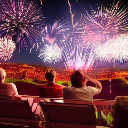 Image similar to 8 k hd detailed octane render of people watching a fireworks show at night