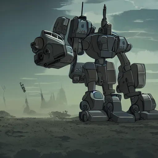 Image similar to a mech with guns on each arm preparing for combat, battlefield, dead trees, fire, smoke, dark clouds, slightly sunny, ominous, intense, epic, extremely detailed, cinematic lighting, studio ghibli, anime, steampunk,