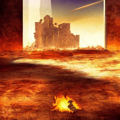 Image similar to apocalyptic burning desert landscape with ruins, warm backlit, anime