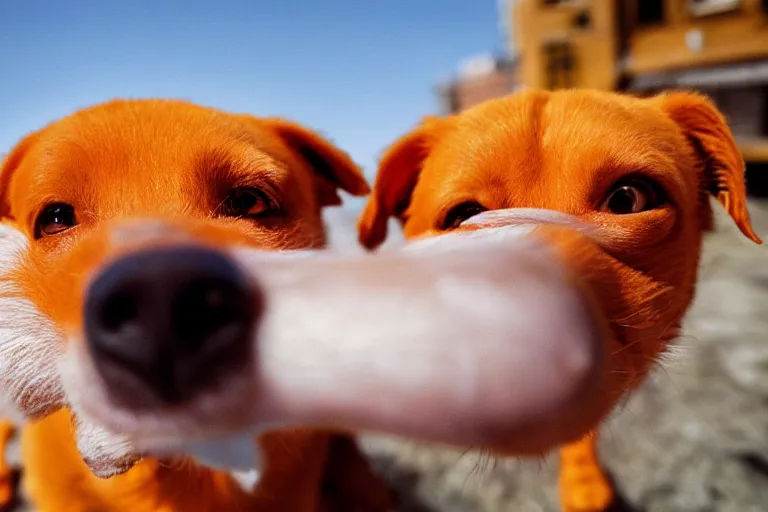 Image similar to closeup potrait of orange dog with bulgy eyes, licking its own nose, photograph, natural light, sharp, detailed face, magazine, press, photo, Steve McCurry, David Lazar, Canon, Nikon, focus