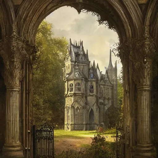 Image similar to Jean-Baptiste Monge and Alex Ross a artwork of a gothic revival castle gatehouse