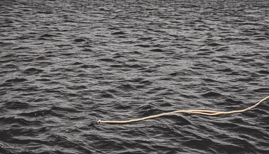 Prompt: rope floating to surface of water in the middle of the lake, overcast lake, 2 4 mm leica anamorphic lens, moody scene, stunning composition, hyper detailed, color kodak film stock