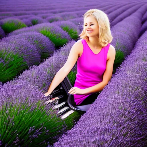 Prompt: photo of a blonde woman playing piano at a lavender field