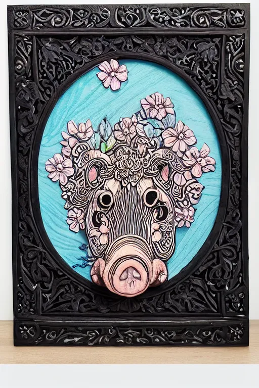 Prompt: Painted dark-wood panel relief carving of a close up of a Flowerpunk Piglet, White and pale blue toned, ornate border frame, explosion of colorful flowers, dark wood, intricately carved, black ink, festival of rich colors, intricate details, cinematic lighting, volumetric lighting, post-processing, art nouveau, tarot, fractal art, mandala, by andreas rocha and john howe, and Martin Johnson Heade, featured on artstation, featured on behance, golden ratio, hyper detailed, photorealistic, epic composition, center spotlight, f32, well composed, symmetrical, UE5, 8k