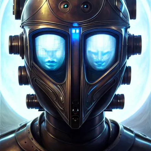 Image similar to front shot of a cyberpunk gazmask robot character, intricate, elegant, highly detailed, centered, digital painting, artstation, concept art, smooth, sharp focus, illustration, artgerm, Tomasz Alen Kopera, Peter Mohrbacher, donato giancola, Joseph Christian Leyendecker, WLOP, Boris Vallejo