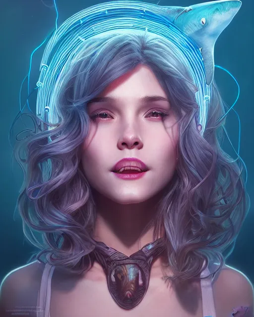 Image similar to portrait of a cute female shark, bioluminescent, wires, horror, happy, highly detailed, digital painting, cinematic, hyperrealism, dark retrowave, art by stanley lau and artgerm and magali villeneuve and alphonse mucha, artstation, octane render, cgsociety