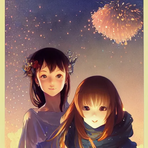 Image similar to two beautiful girls watching fireworks, digital art, painted by range murata, akiyuki shinbou, alphonse mucha, masamune shirow, josan gonzales, greg rutkowski makoto shinkai, highly detailed, realistic, cinematic, trending on pixiv fanbox