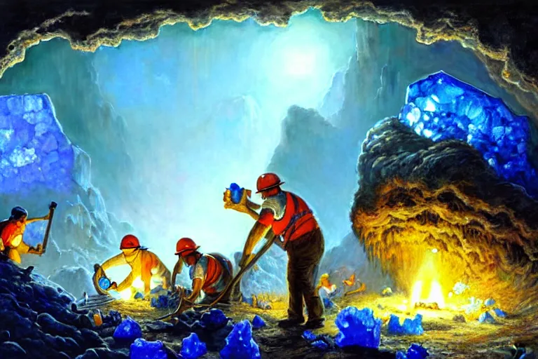 Image similar to portrait of group miners pepe digging deep cave trying to find blue crystals, an oil painting by ross tran and thomas kincade