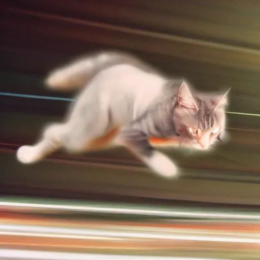 Prompt: photo of hyperspeed flying through space cat running fast with motion blur