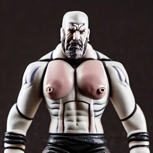 Image similar to Full body shot of a highly detailed flexible Triple H vinyl figurine as a villain, white background, 3d, high quality, depth of field, high contrast, 8k, concept art, smooth, sharp focus, highly detailed, wrestling, WWE