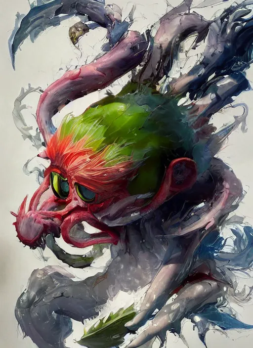 Image similar to semi reallistic gouache gesture painting, by yoshitaka amano, by ruan jia, by Conrad roset, by dofus online artists, detailed anime 3d render kiwi fruit monster, kiwi fruit terrible monster, antrophomorfic kiwi fruit , portrait, cgsociety, artstation, rococo mechanical, Digital reality, sf5 ink style, dieselpunk atmosphere, gesture drawn