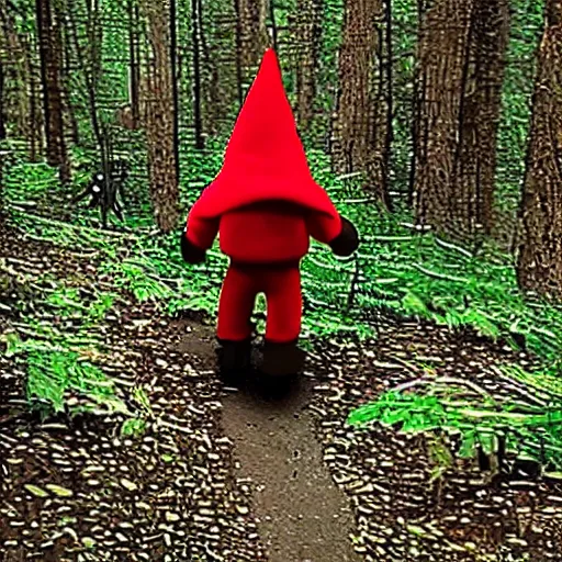 Prompt: bad quality screenshot of a leaked video of a small creature dressed as gnome walking through a forest trail, photo taken from far awar, bright camera flash, disturbing, very scary, realistic, very disturbing, ultrarealistic, 480p