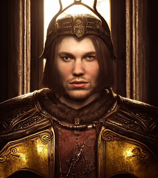 Prompt: the elder scrolls vi majestic gracious jarl portrait, painted, indoors, dark room, one point of light coming through the window, atmospheric lighting, painted, intricate, volumetric lighting, beautiful, golden hour, sharp focus, ultra detailed, by mark kent, jordan lamarre - wan, igor kieryluk, maxim verehin, miranda meeks