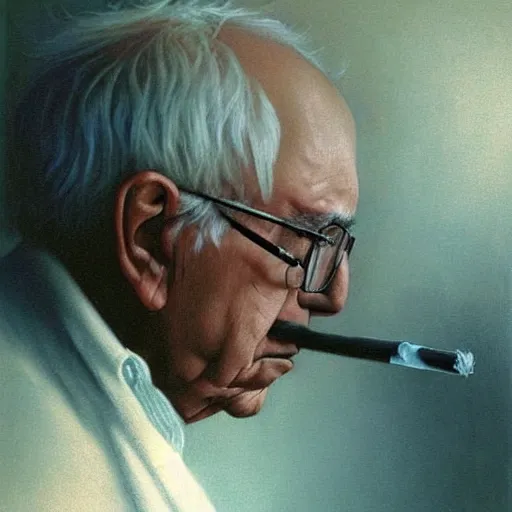 Prompt: a portrait of a calm bernie sanders smoking a cigarette, painted by zdzislaw beksinski