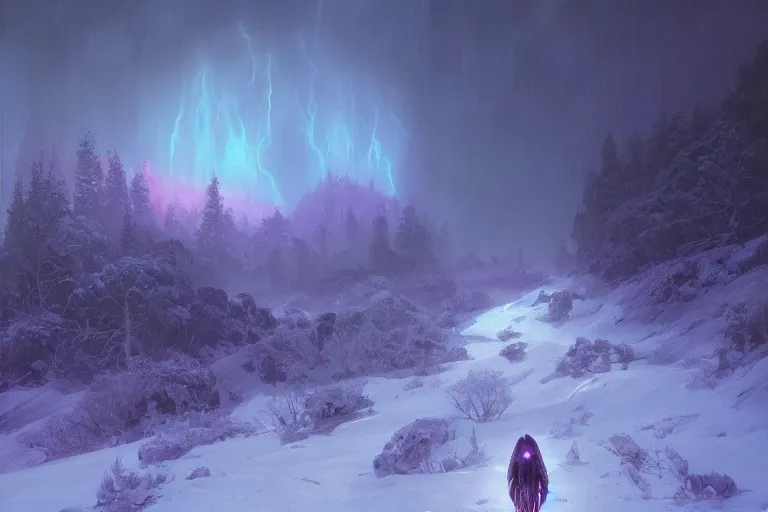 Image similar to a beautiful oil painting of a valley covered in snow, trees with purple, thunderstorm in the sky, blue lighting, gloomy, atmospheric lighting, detailed, beautiful!!, purple bioluminescence, by greg rutkowski, trending on artstation