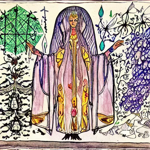 Prompt: a feminine alchemical illustration drawn and painted by Carl Jung, detailed penciling, watercolor, pen and ink, zoomed out to show entire image