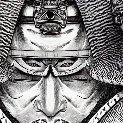 Prompt: a portrait of a samurai warrior, focused gaze, art station, highly detailed, concept art, sharp focus, illustration in pen and ink, 4 k, wide angle, by kentaro miura