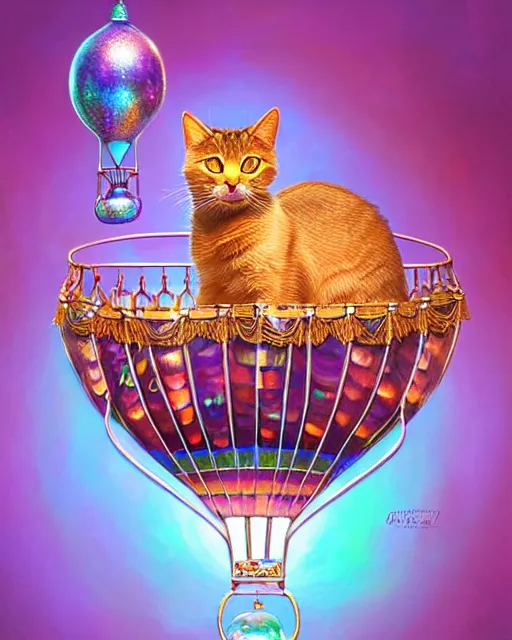 Image similar to cute female cat inside an ornate flying balloon basket of iridescent liquid, alchemy, shiny plastic, intricate, bloom, detailed, volumetric lighting, sharp focus, photorealism, digital painting, highly detailed, concept art, by by artgerm and wlop