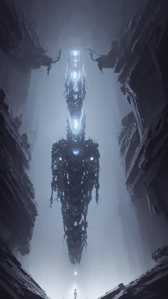 Image similar to professional concept art of a symmetrical! abstract fractal ominous floating robotic terrifying giant thing in a dark room by artgerm and greg rutkowski ( thin white border ). an intricate, elegant, highly detailed digital painting, concept art, smooth, sharp centred focus, illustration, in the style of cam sykes, wayne barlowe, igor kieryluk.