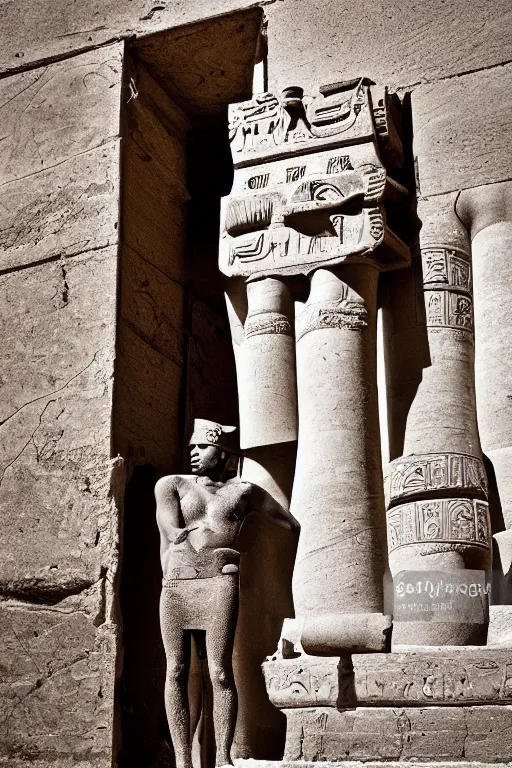 Prompt: a dramatic hero portrait of an ancient nubian temple guard in old egypt. photography photo art. cover of national geographic magazine