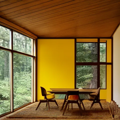 Prompt: architecture ad for a mid-century modern house in the middle of the wood designed by Norman Foster. Film grain, cinematic, colorized, yellow hue.