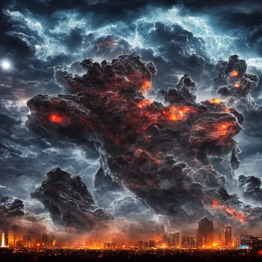 Image similar to A 600 meter cloud monster fighting against a 500 meter Rock monster infront of 10000 people in the city at night, photoreal