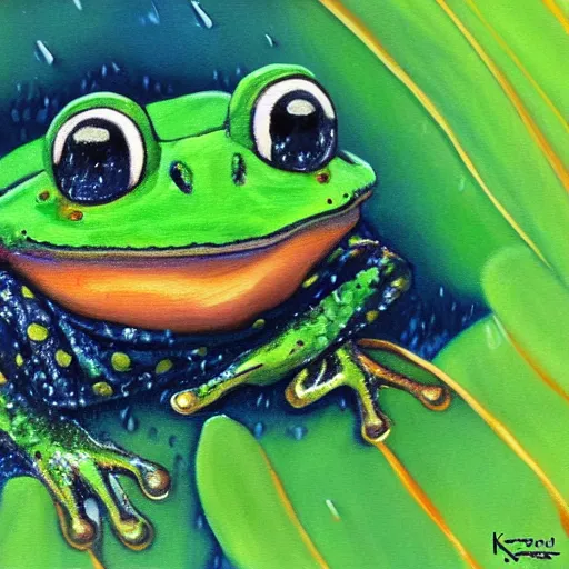 Prompt: a painting of a happy frog under the rain wearing a rainy coat by kazuo oga