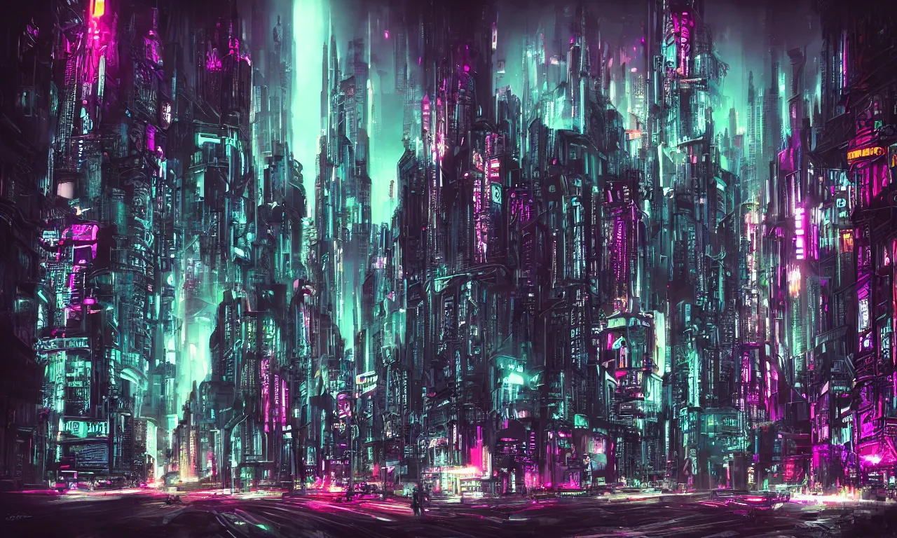 Prompt: gothic cyberpunk cityscape, neon, chrome