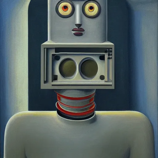 Image similar to super - intelligent robot with kind eyes portrait, grant wood, pj crook, edward hopper, oil on canvas