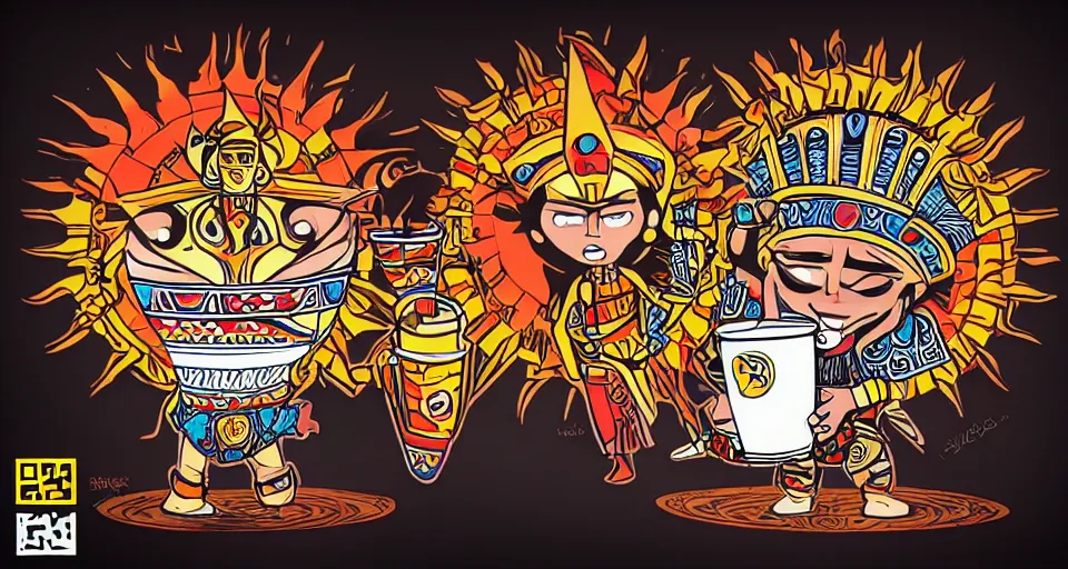 Prompt: an aztec sun god chibi character, holding a comically large cup of coffee, in the style of hownosm and james jean, ultimate collab, epic, digital art, 3 d, h 9 6 0