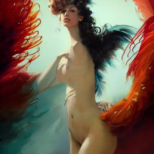 Image similar to a painting of a woman who made of curly red edges feathers is holding a sword, a digital painting by peter mohrbacher, trending on artstation, metaphysical painting, speedpainting, made of feathers, digital painting, holographic undertones, highly saturated colors, 4 k, digital art, concept art, trending on artstation