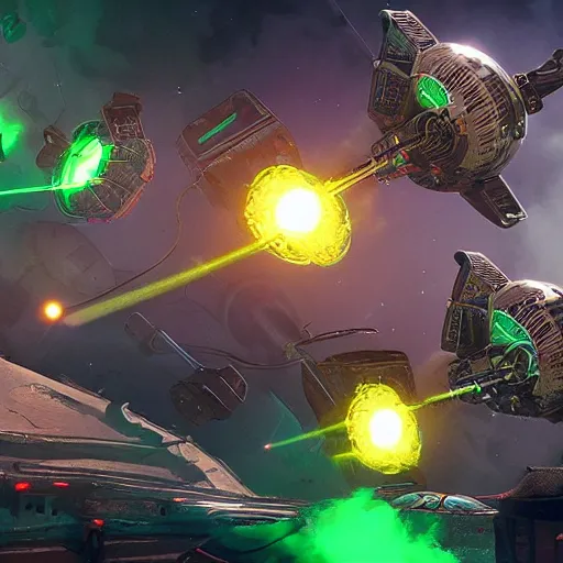 Image similar to clockwork spacestation shooting green lasers, unreal engine, fantasy art