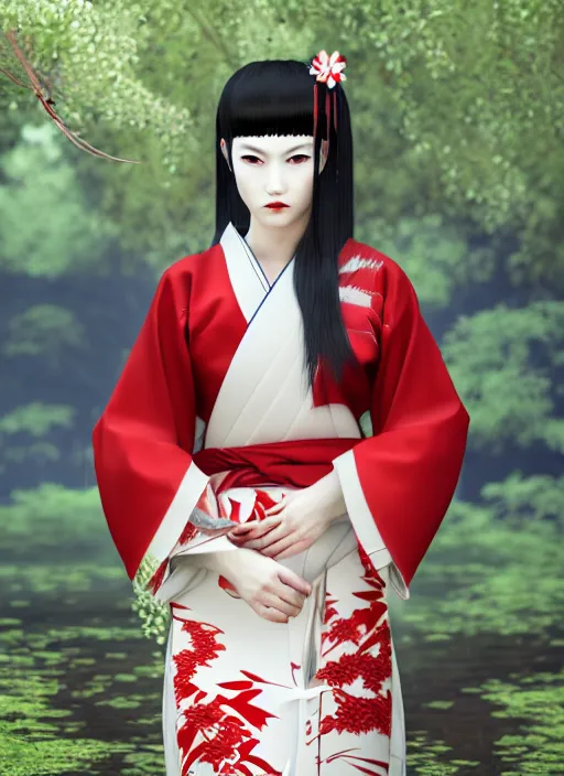 Image similar to character design, red and white kimono, samurai, dark long hair, princess cut hairstyle ， beautiful, elegant, symmetrical face, long legs, regular feet, big katana, full body, wisteria trees, realistic, uhd, unreal engine, detailed