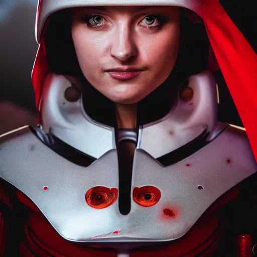 Image similar to headshot of a beautiful female soldier in glossy sleek primarily white armor with tiny red details and a long red cape, looking up at camera, determined expression, no helmet, on the surface of mars, night time, cinematic, sci-fi, hyperrealistic