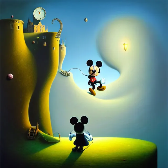 Image similar to gediminas pranckevicius an oil on canvas portrait painting of mickey mouse, surrealism, surrealist, cosmic horror, rob gonsalves, high detail, hole space time warp zica