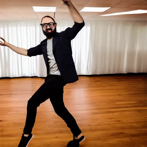 Prompt: photograph of youtuber michael stevens dancing